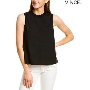 VINCE WOMEN NWT CREW NECK SLEEVELESS RIB TRIM LINEN BLEND BLACK SHELL. SIZE S